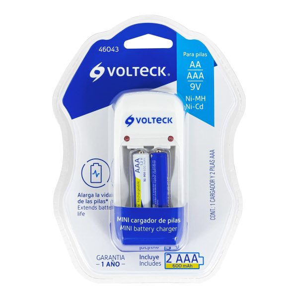 46043 - Cargador de pilas, AA, AAA y 9V incluye 2 pilas AAA, Volteck