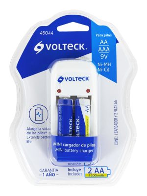 46044 - Cargador de pilas, AA, AAA y 9V, incluye 2 pilas AA, Volteck