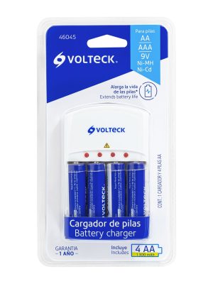 46045 - Cargador de pilas, AA, AAA y 9V, incluye 4 pilas AA, Volteck