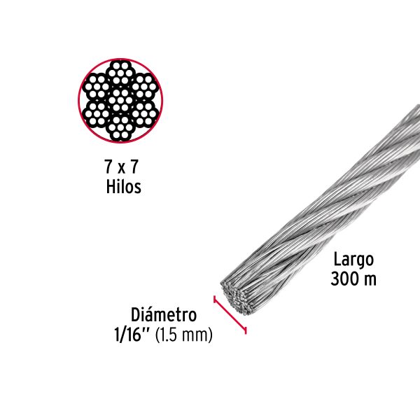 48795 - Metro de cable rígido 1/16' de acero 7x7 hilos, 300 m, Fiero