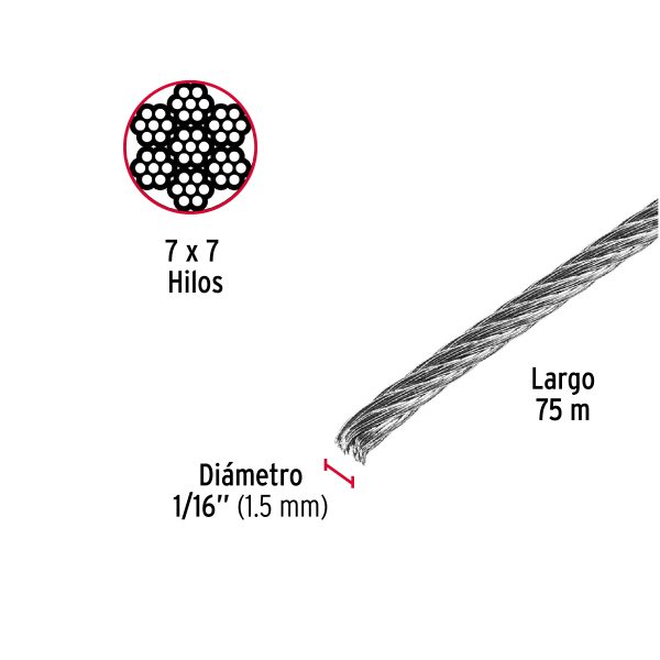 44208 - Metro de cable rígido 1/16' de acero 7x7 hilos, 75 m, Fiero