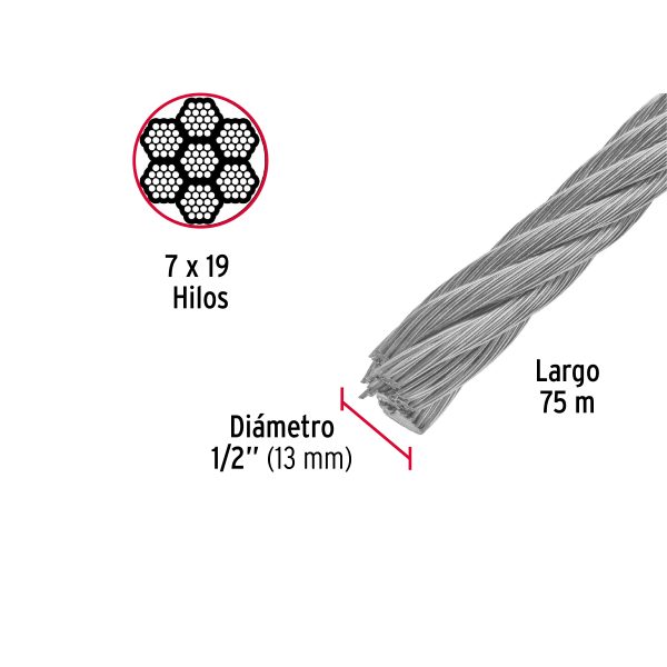 48819 - Metro de cable flexible 1/2' de acero 7x19 hilos, 75 m