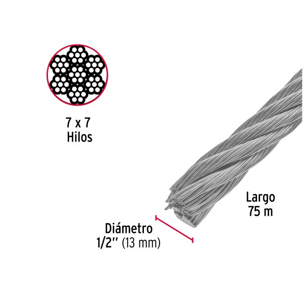 48815 - Metro de cable rígido 1/2' de acero 7x7 hilos, 75 m, Fiero