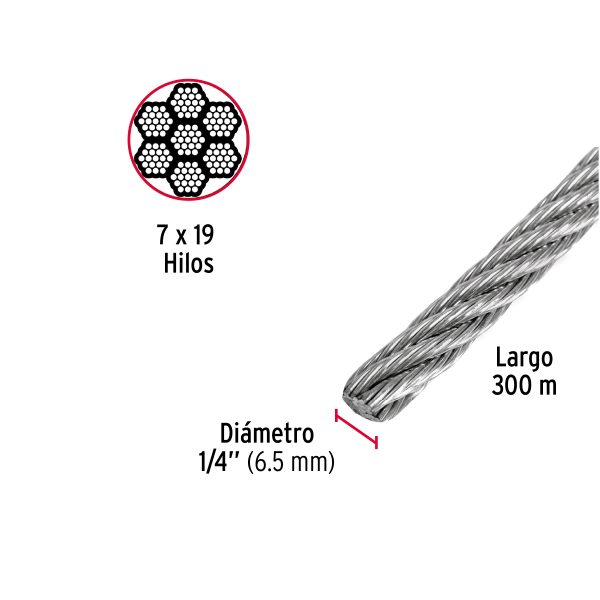 48803 - Metro de cable flexible 1/4' de acero 7x19 hilos, 300 m