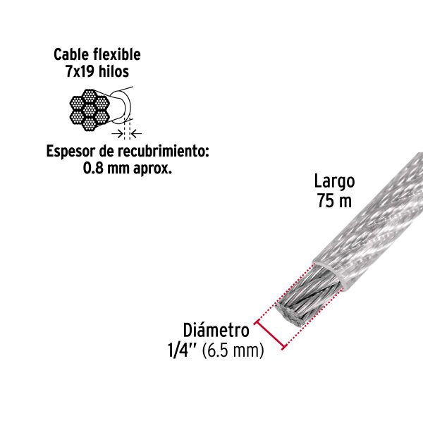 44224 - Metro cable flexible 1/4' acero 7x19 recubierto PVC, 75 m