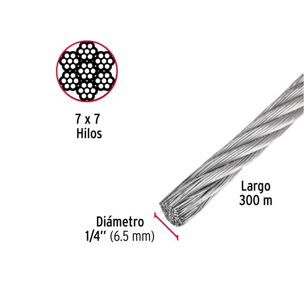 48799 - Metro de cable rígido 1/4' de acero 7x7 hilos, 300 m, Fiero