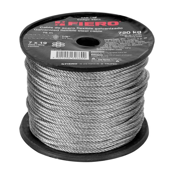 44211 - Metro de cable flexible 1/8' de acero 7x19 hilos, 75 m