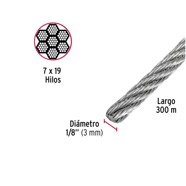 48801 - Metro de cable flexible 1/8' de acero 7x19 hilos, 300 m