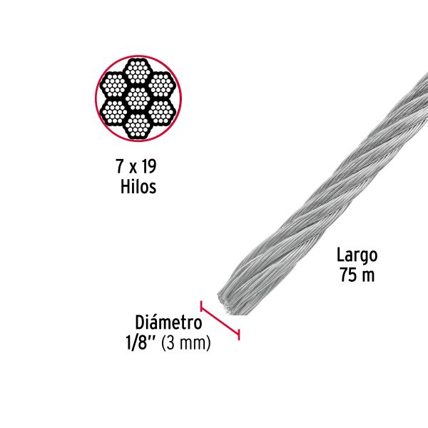 44211 - Metro de cable flexible 1/8' de acero 7x19 hilos, 75 m