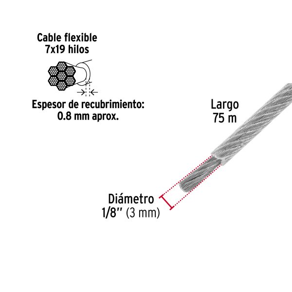 44225 - Metro cable flexible 1/8' acero 7x19 recubierto PVC, 75 m