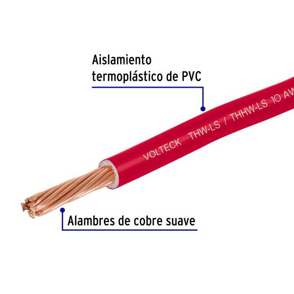 46059 - Rollo de 100 m de cable THHW-LS 10 AWG rojo, Volteck