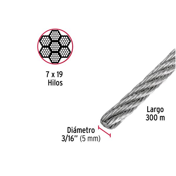 48802 - Metro de cable flexible 3/16' de acero 7x19 hilos, 300 m