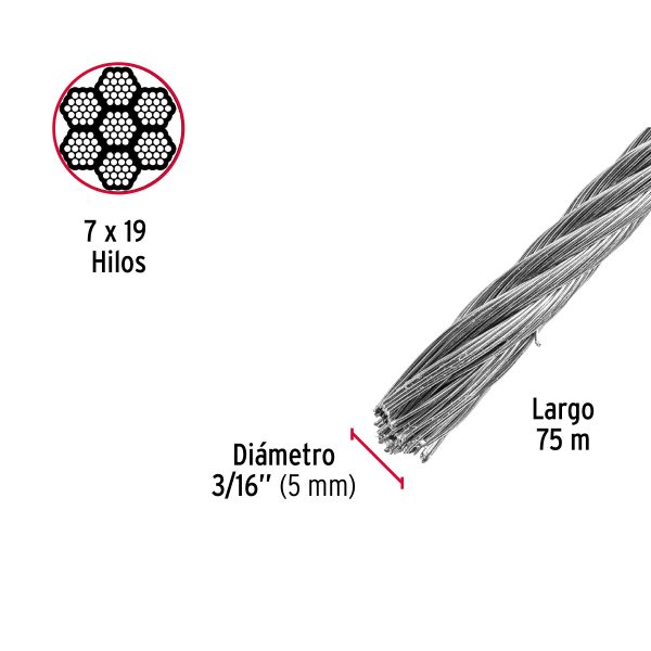 44212 - Metro de cable flexible 3/16' de acero 7x19 hilos, 75 m