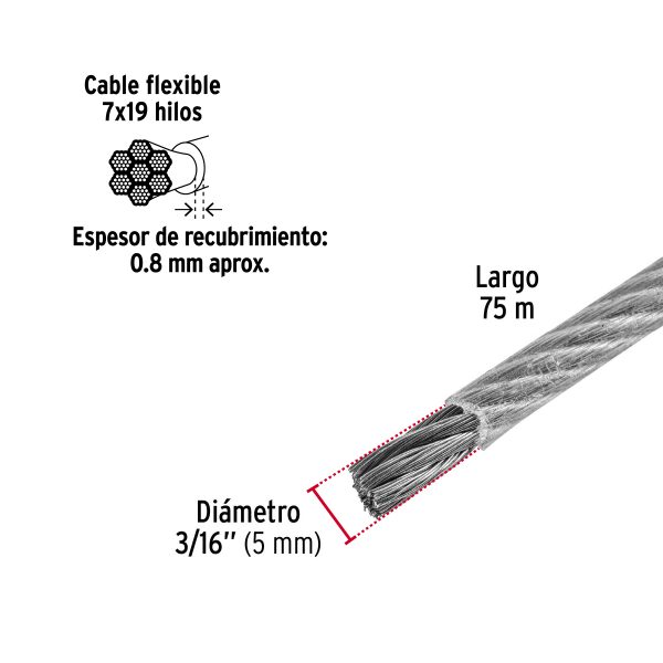 44223 - Metro cable flexible 3/16' acero 7x19 recubierto PVC, 75 m