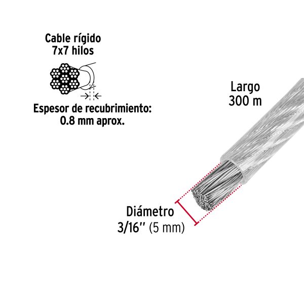 48807 - Metro de cable rígido 3/16' acero 7x7 recubierto PVC, 300 m