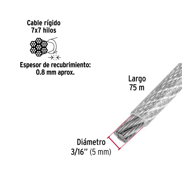44217 - Metro de cable rígido 3/16' acero 7x7 recubierto PVC, 75 m