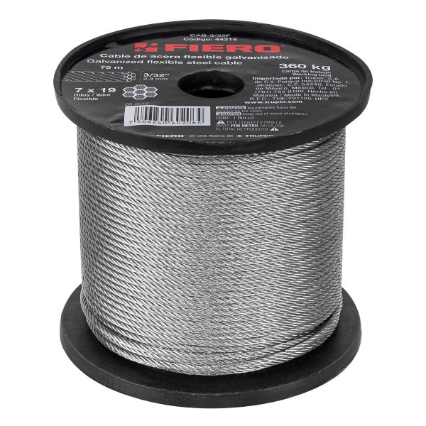 44214 - Metro de cable flexible 3/32' de acero 7x19 hilos, 75 m
