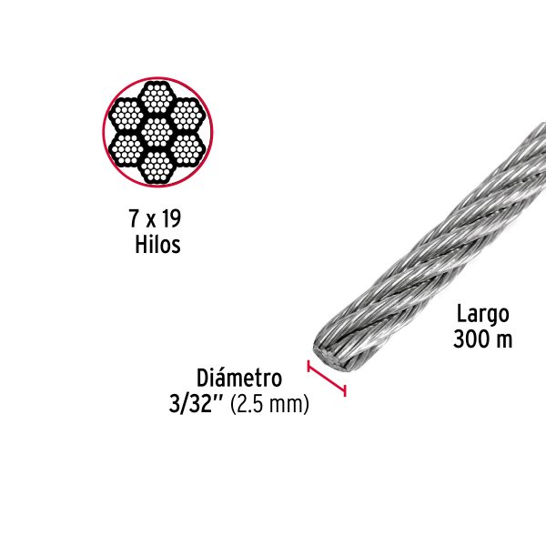 48800 - Metro de cable flexible 3/32' de acero 7x19 hilos, 300 m