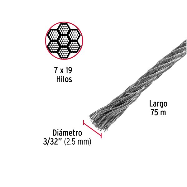 44214 - Metro de cable flexible 3/32' de acero 7x19 hilos, 75 m