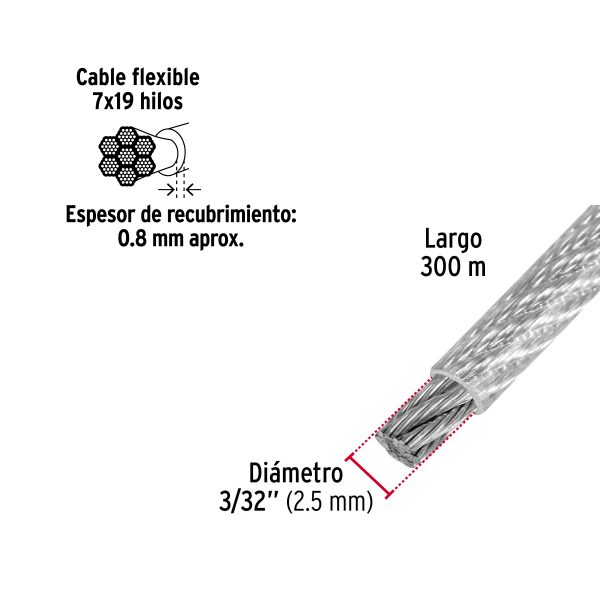 48809 - Metro cable flexible 3/32' acero 7x19 recubierto PVC, 300 m