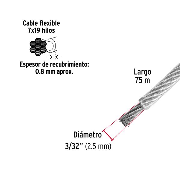 44226 - Metro cable flexible 3/32' acero 7x19 recubierto PVC, 75 m
