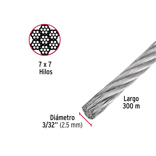 48796 - Metro de cable rígido 3/32' de acero 7x7 hilos, 300 m, Fiero