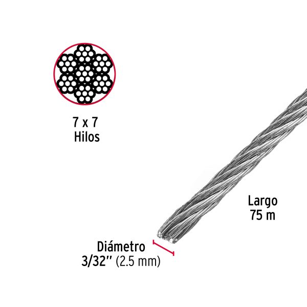 44209 - Metro de cable rígido 3/32' de acero 7x7 hilos, 75 m, Fiero