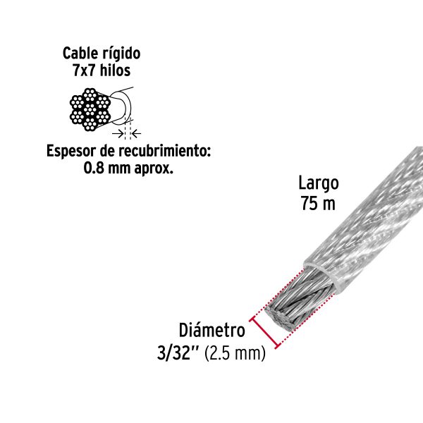 44221 - Metro de cable rígido 3/32' acero 7x7 recubierto PVC, 75 m