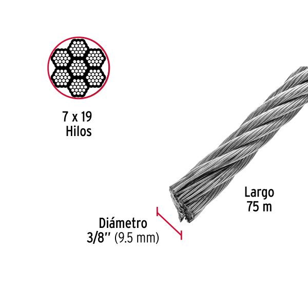 48817 - Metro de cable flexible 3/8' de acero 7x19 hilos, 75 m