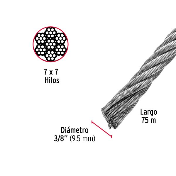 48814 - Metro de cable rígido 3/8' de acero 7x7 hilos, 75 m, Fiero