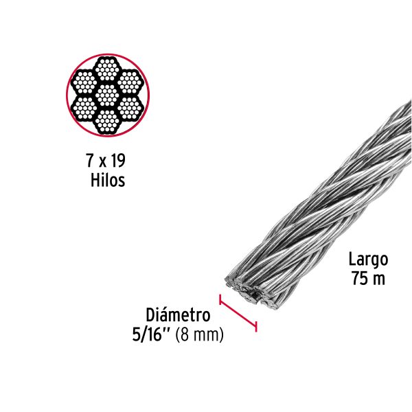 48816 - Metro de cable flexible 5/16' de acero 7x19 hilos, 75 m