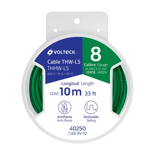 40250 - Carrete con 10 m de cable THHW-LS 8 AWG verde, Volteck