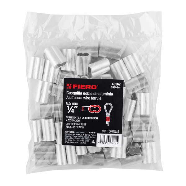 48367 - Bolsa con 50 casquillos dobles de aluminio, 1/4', Fiero