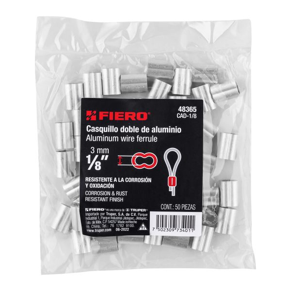 48365 - Bolsa con 50 casquillos dobles de aluminio, 1/8', Fiero