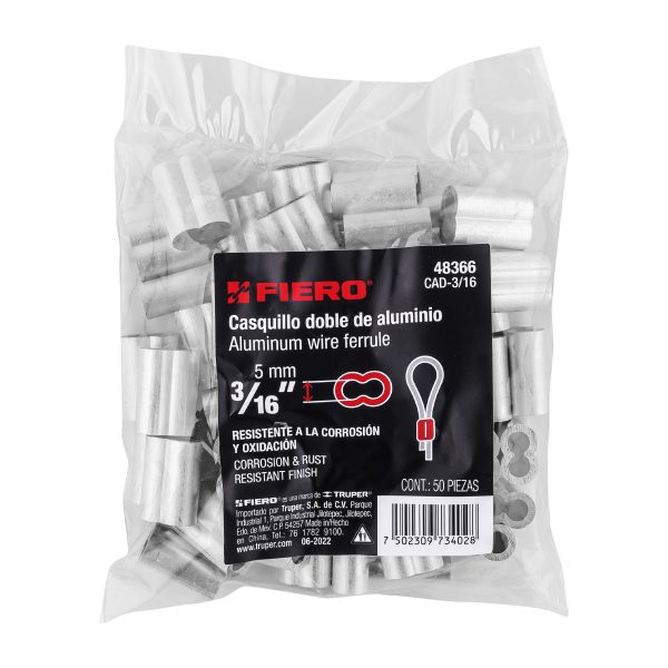 48366 - Bolsa con 50 casquillos dobles de aluminio, 3/16', Fiero