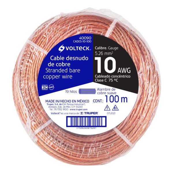 40090 - Metro de cable desnudo de cobre calibre 10 AWG, rollo 100 m