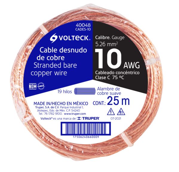 40048 - Metro de cable desnudo de cobre calibre 10 AWG, rollo 25 m