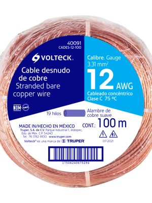 40091 - Metro de cable desnudo de cobre calibre 12 AWG, rollo 100 m