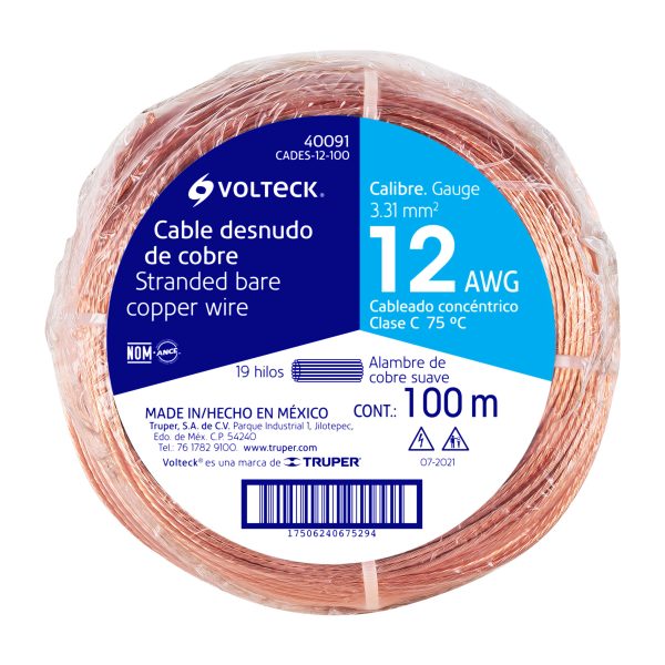 40091 - Metro de cable desnudo de cobre calibre 12 AWG, rollo 100 m
