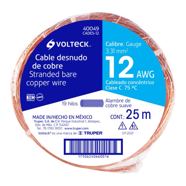 40049 - Metro de cable desnudo de cobre calibre 12 AWG, rollo 25 m