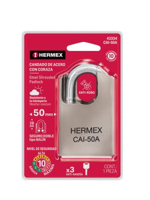 43334 - Candado de acero, máxima seguridad, 50mm, llave anti-ganzúa