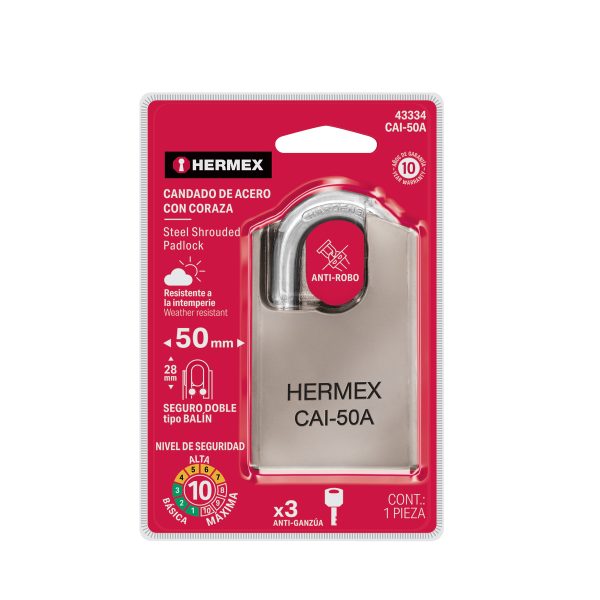 43334 - Candado de acero, máxima seguridad, 50mm, llave anti-ganzúa