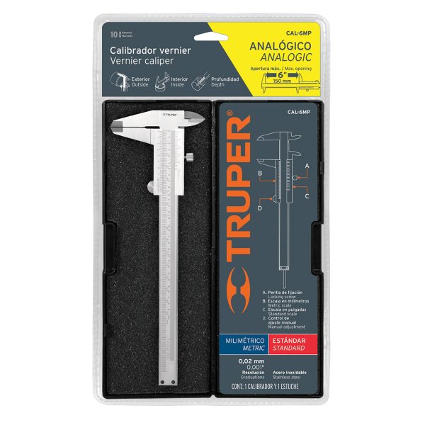 14394 - Calibrador vernier analógico 6' acero inox, std y mm, Truper