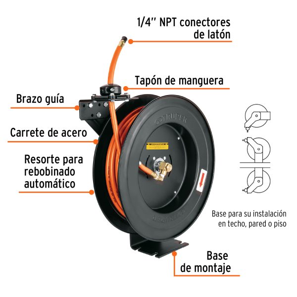 10388 - Manguera para compresor,de hule,15m x 3/8',carrete retráctil