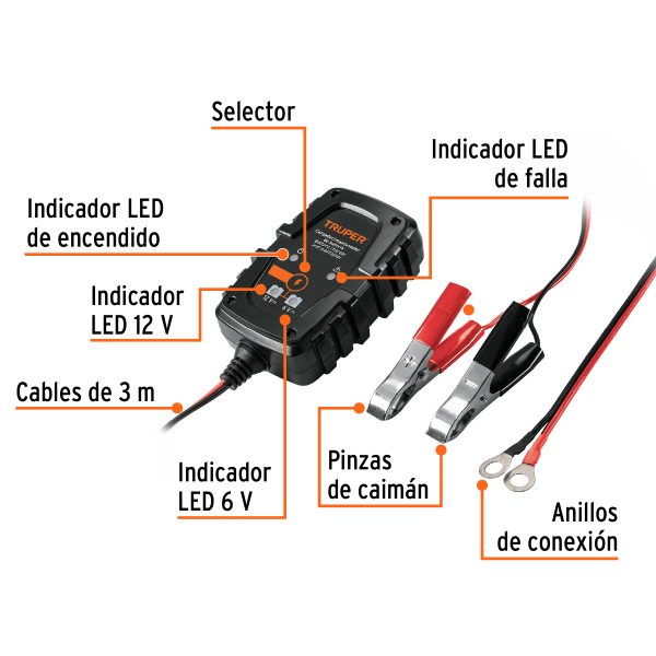 101610 - Cargador / mantenedor de 1 A para baterías de 6/12V, TRUPER