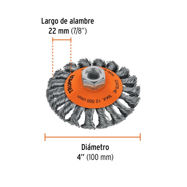 14190 - Carda tipo cónico 4' alambre trenzado, eje 5/8'-11, Truper