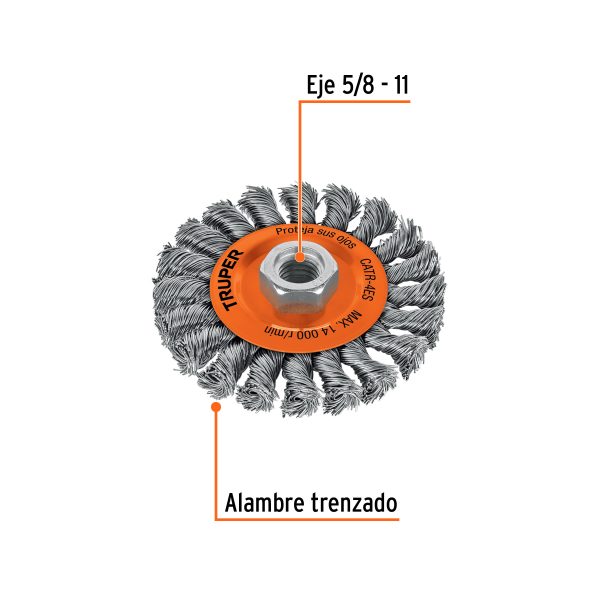 17527 - Carda circular 4' alambre trenzado, eje 5/8'-11, Truper