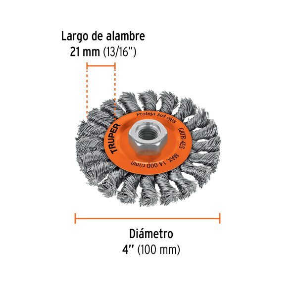 17527 - Carda circular 4' alambre trenzado, eje 5/8'-11, Truper