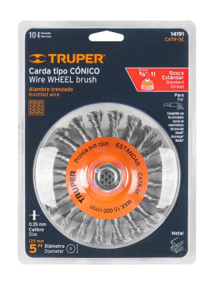 14191 - Carda tipo cónico 5' alambre trenzado, eje 5/8'-11, Truper