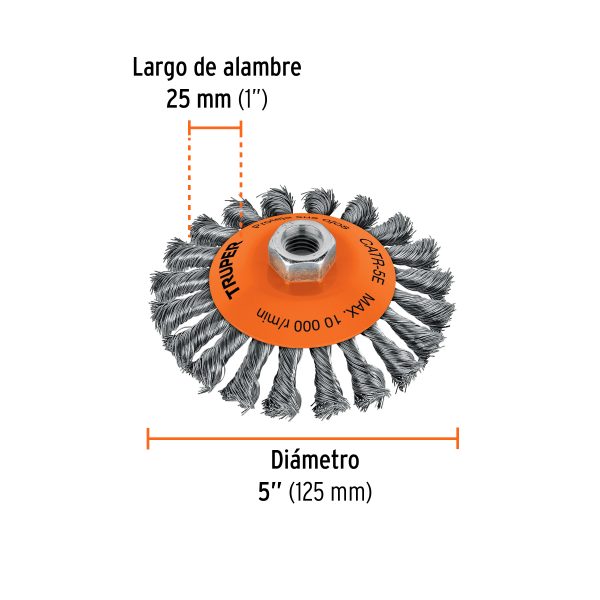 14191 - Carda tipo cónico 5' alambre trenzado, eje 5/8'-11, Truper